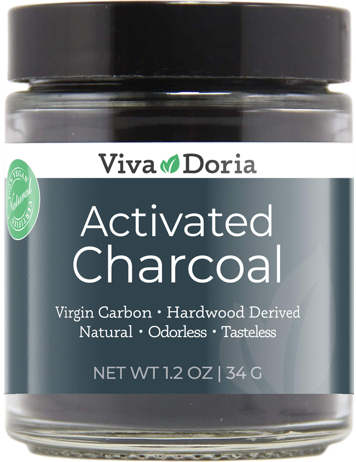 Activated charcoal powder in a 1.2 oz glass jar