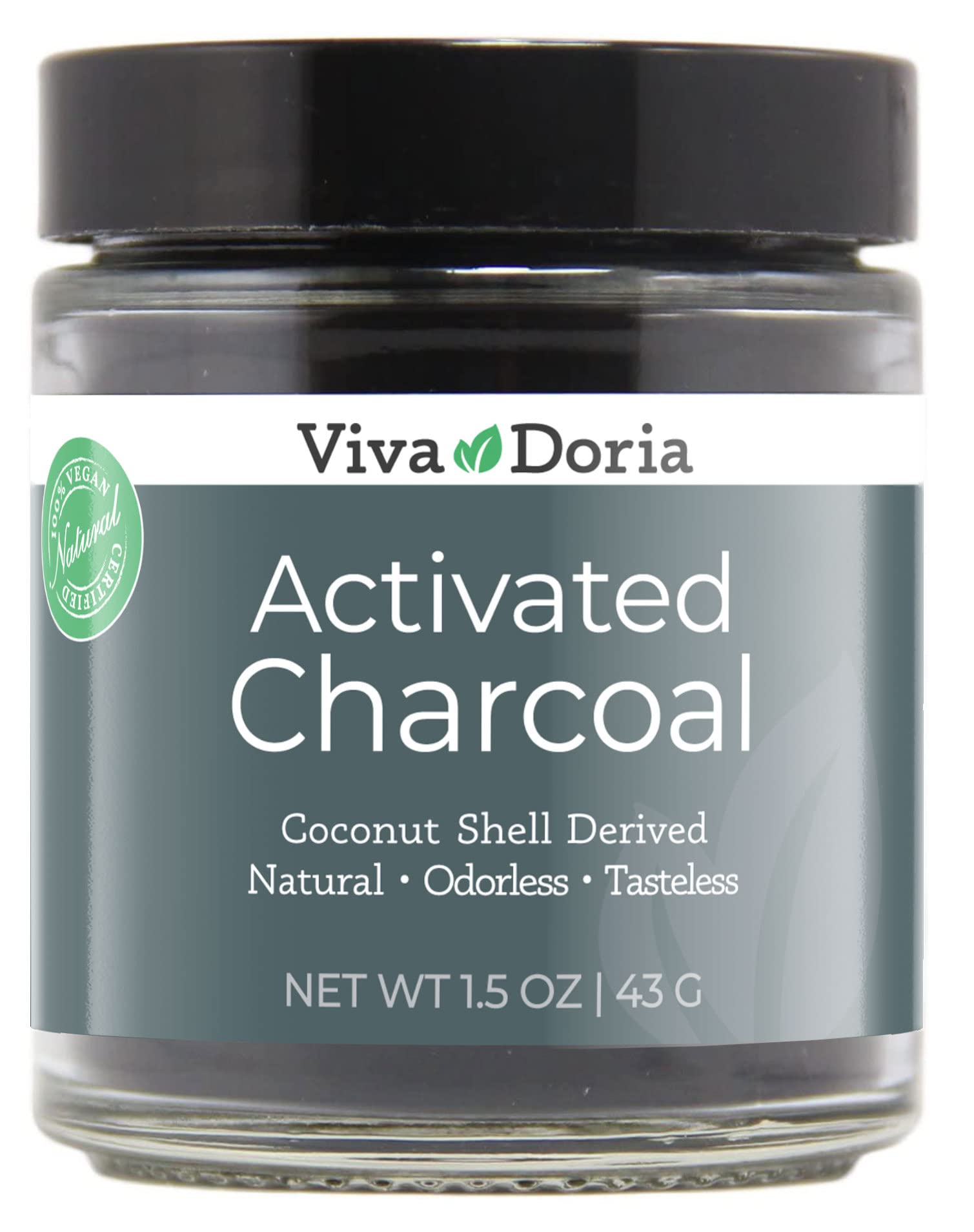 Viva Doria Virgin Activated Charcoal Powder in a 1.5 oz glass jar; coconut shell derived, food grade
