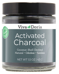 Viva Doria Virgin Activated Charcoal Powder in a 1.5 oz glass jar; coconut shell derived, food grade