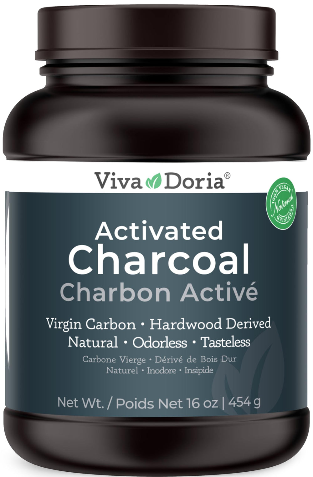 Hardwood-derived activated charcoal powder close-up