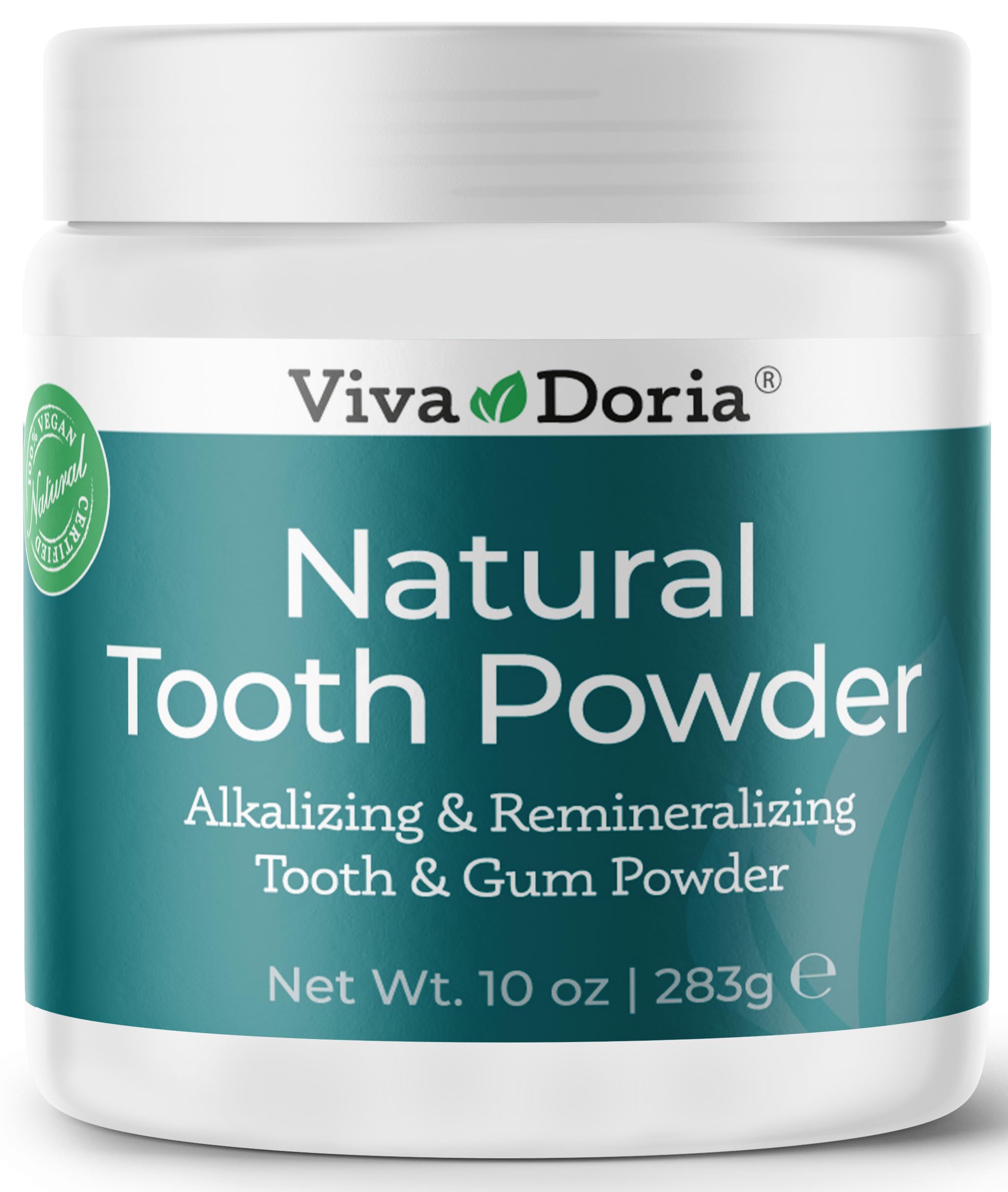 Viva Doria Natural Tooth Powder in a reclosable 10 oz plastic jar