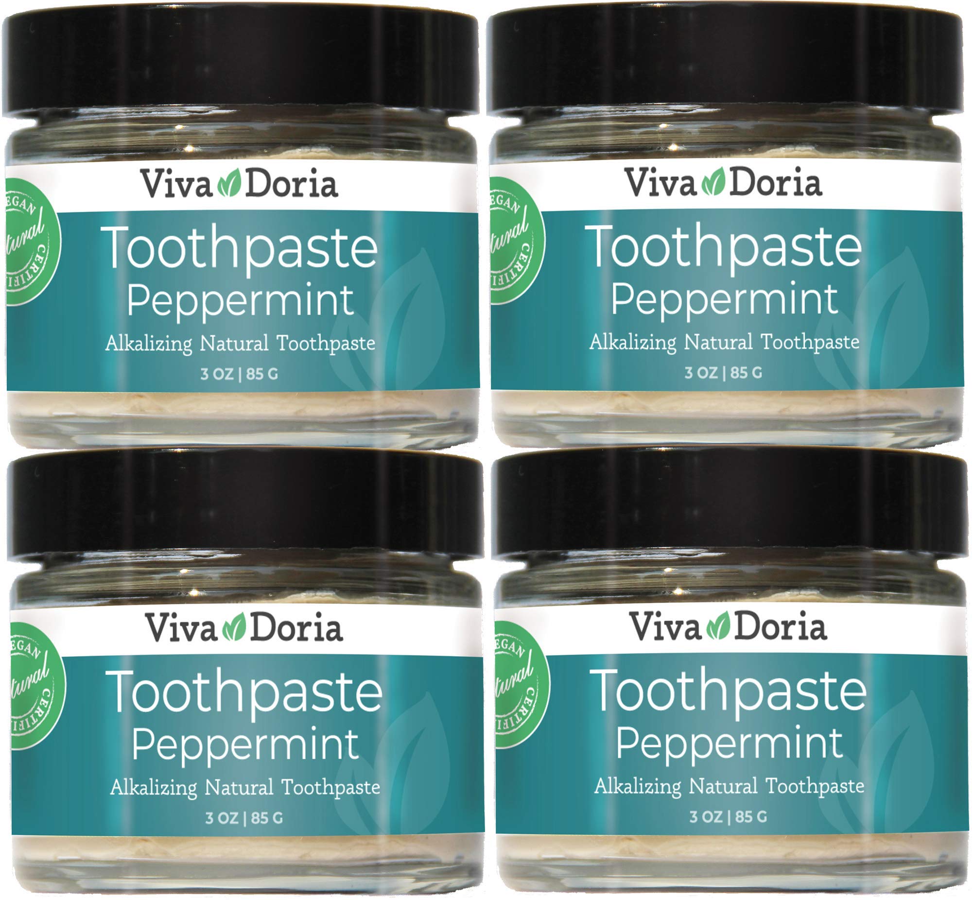 Pack of 4 Viva Doria Fluoride-Free Peppermint Toothpaste in 3 oz glass jars