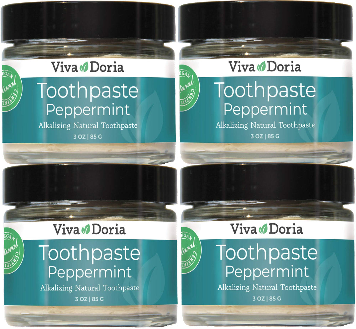 Pack of 4 Viva Doria Fluoride-Free Peppermint Toothpaste in 3 oz glass jars