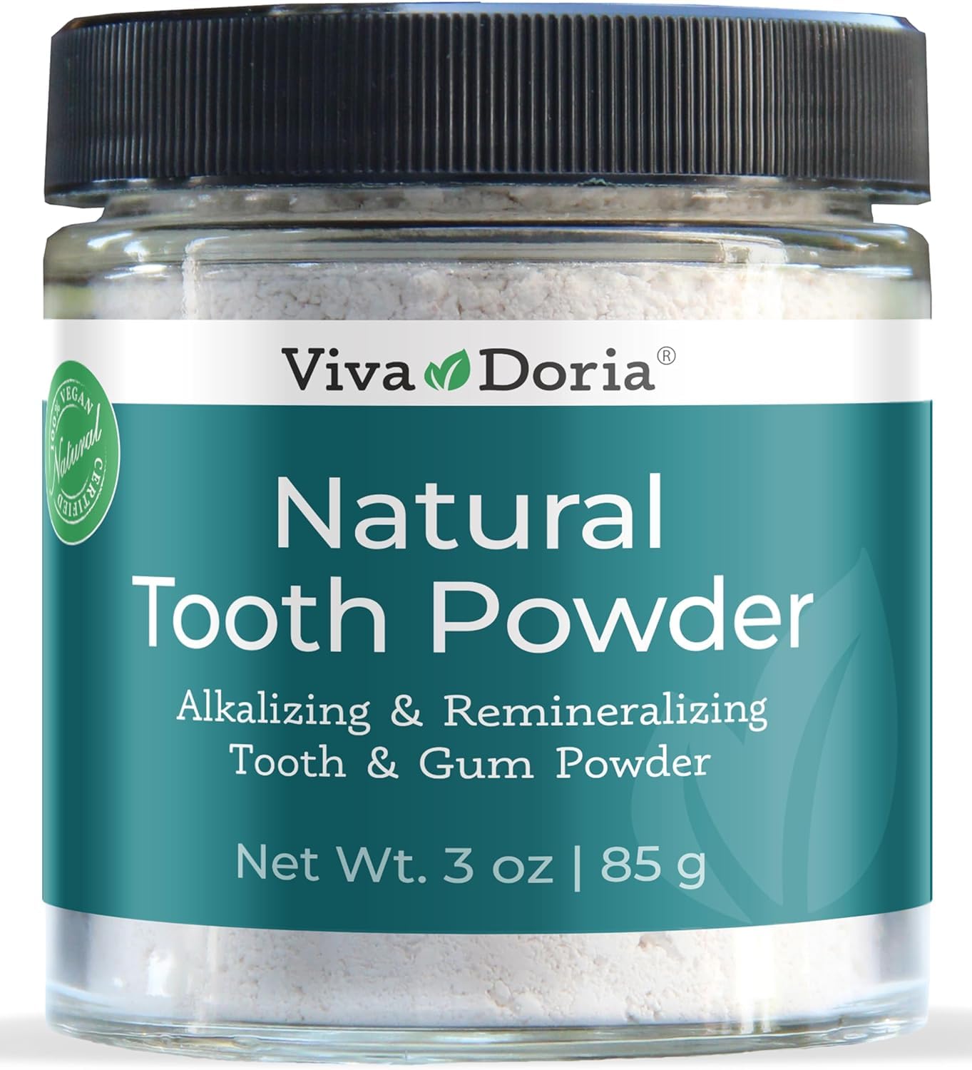 Viva Doria natural tooth powder in a clear glass jar