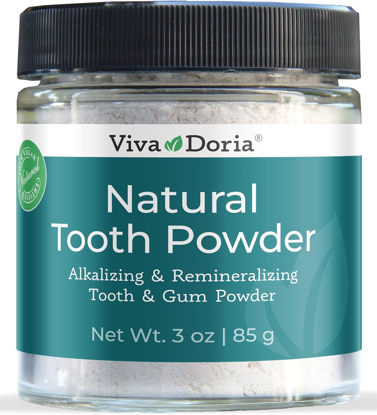 Viva Doria natural tooth powder in a clear glass jar