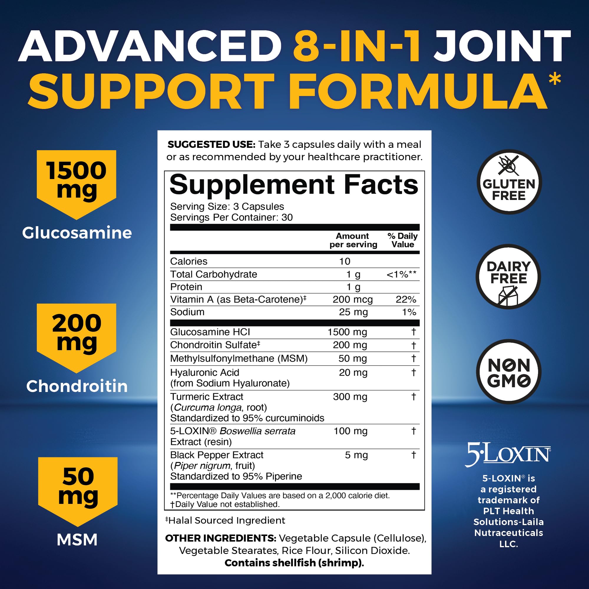 Ingredient highlights: Glucosamine HCl, Chondroitin sulfate, MSM