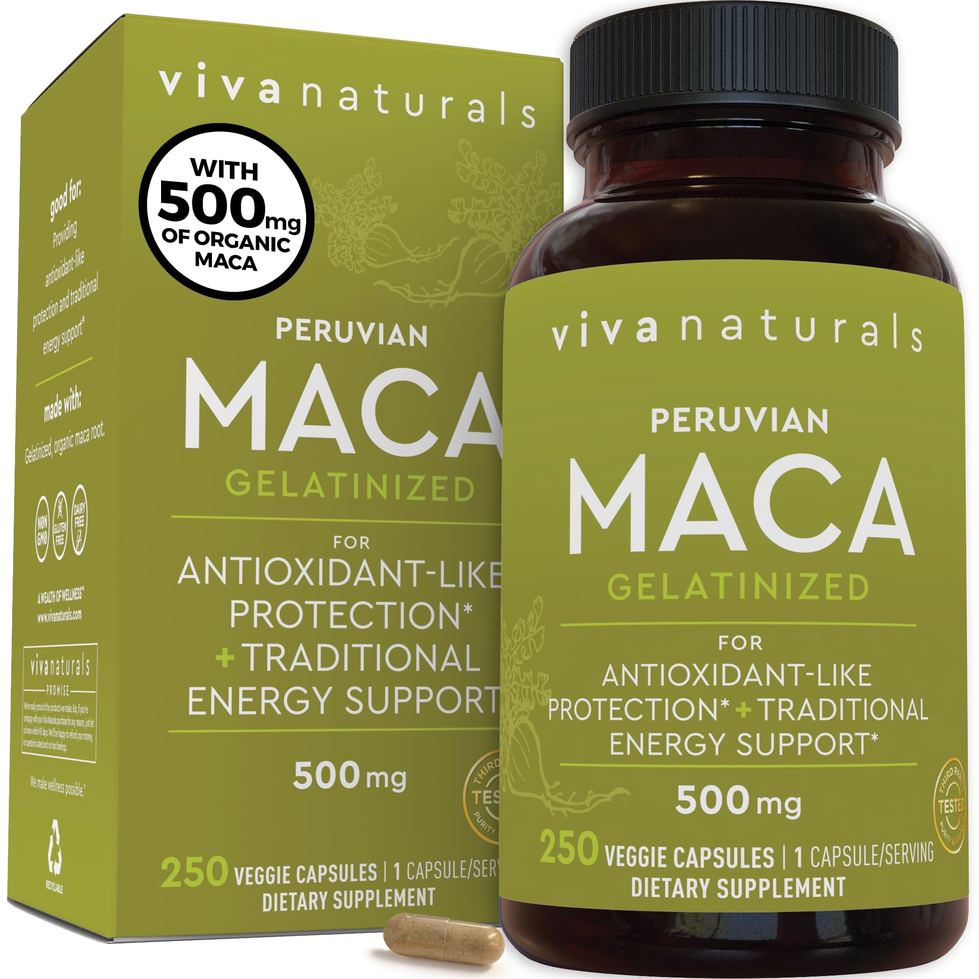 Viva Naturals maca capsules bottle supports easy daily energy