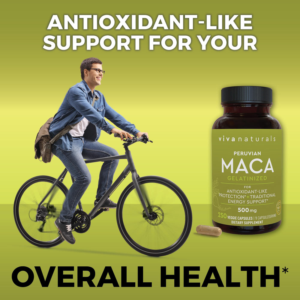 Viva Naturals yellow maca root capsules image highlights gelatinized powder for gentler digestion