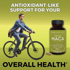 Viva Naturals yellow maca root capsules image highlights gelatinized powder for gentler digestion