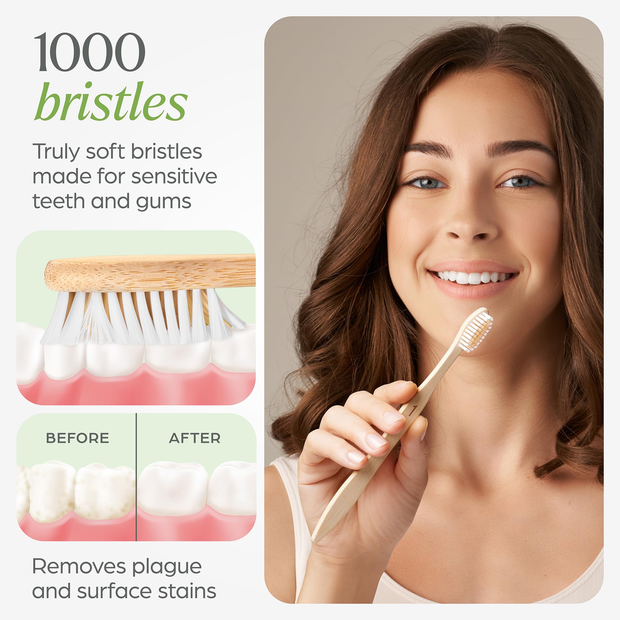 BPA-free soft bristles on bamboo toothbrush