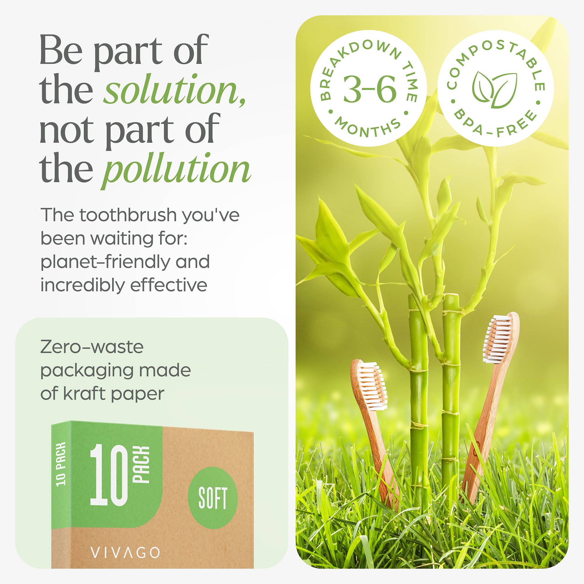 VIVAGO bamboo toothbrushes laid out in a pack