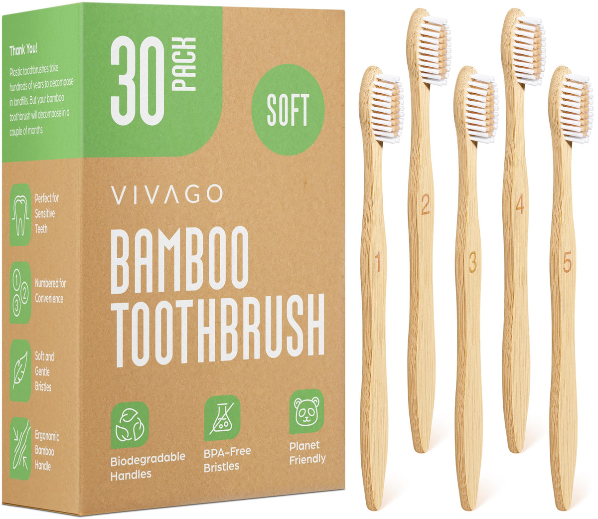 VIVAGO bamboo toothbrushes 30 pack with BPA-free soft nylon bristles