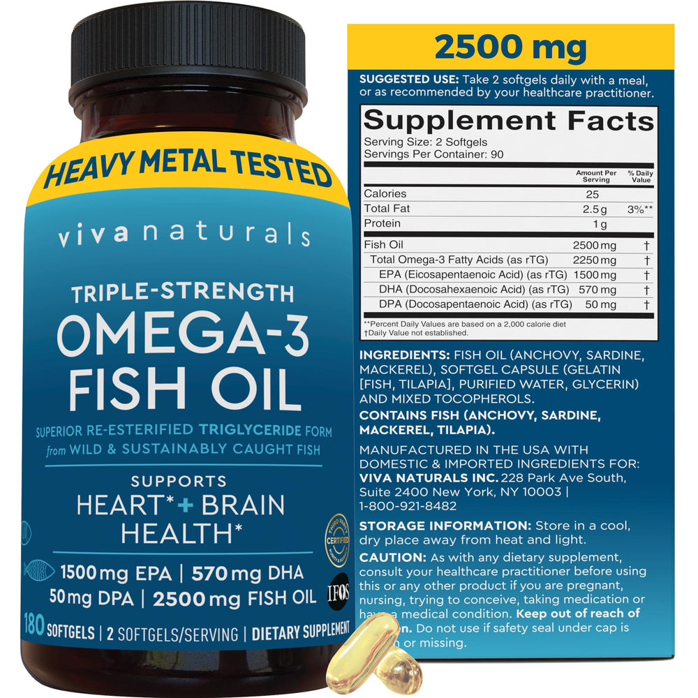Viva Naturals triple-strength omega-3 bottle front for daily heart and brain support.