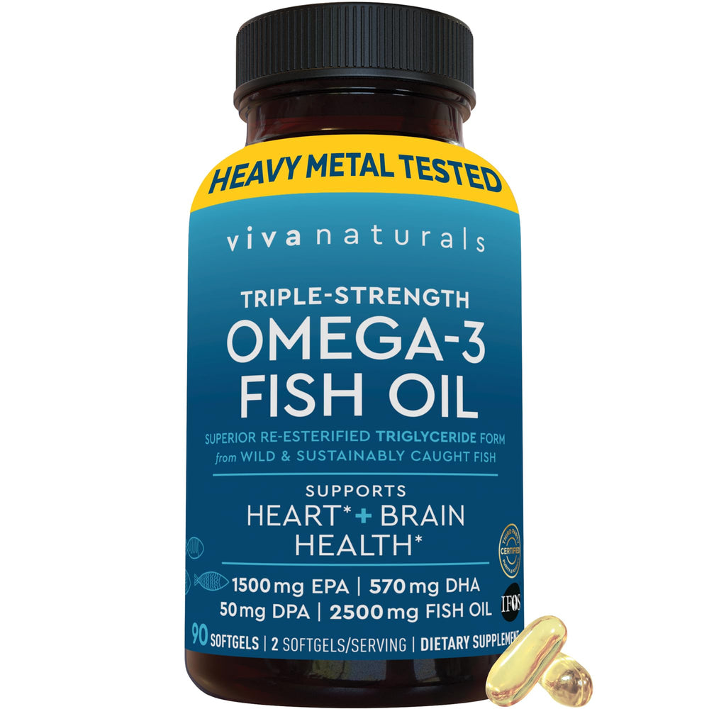 Viva Naturals triple-strength omega3 bottle closeup highlighting high-potency daily support.