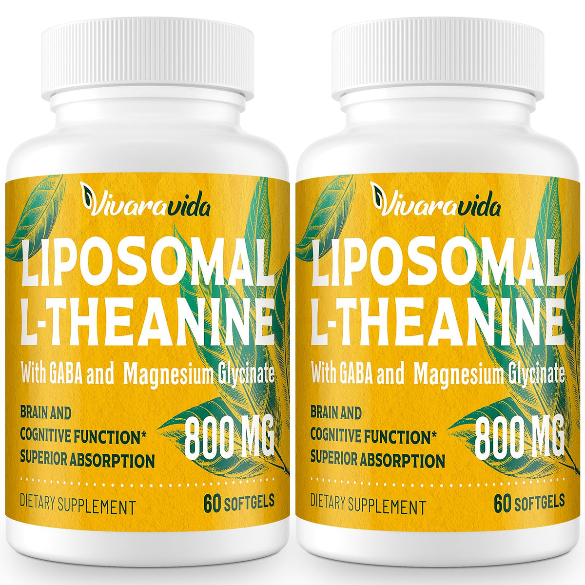 Vivaravida L-Theanine 800mg bottle with GABA and Magnesium Glycinate softgels