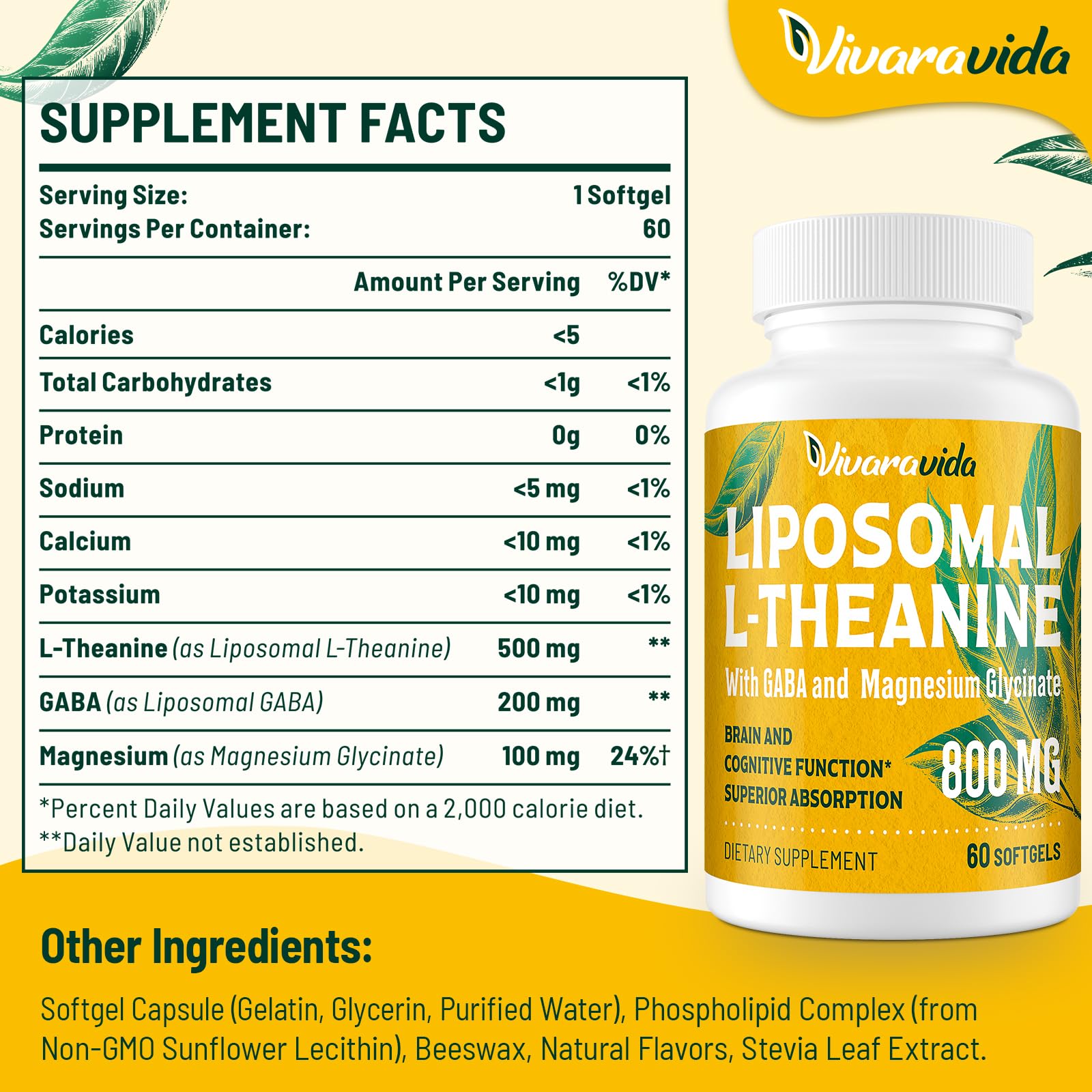 Close-up of L-Theanine 800mg with GABA and Magnesium Glycinate ingredients