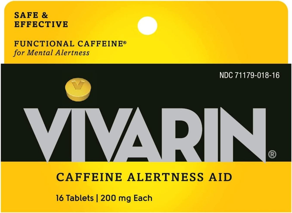 Vivarin 200mg caffeine tablet close-up for quick alertness.