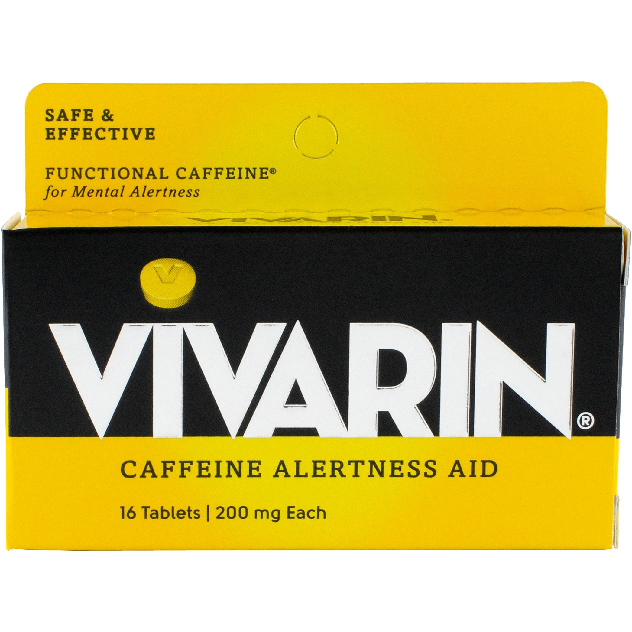 Vivarin box six-pack closeup highlighting convenient packaging for alertness on busy days.