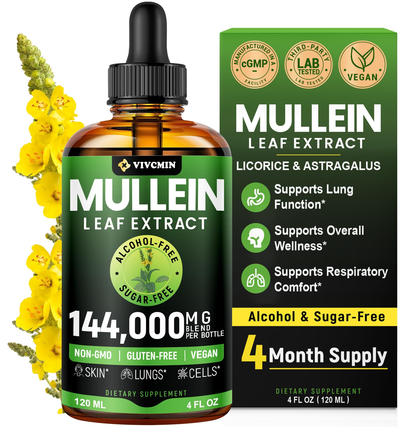Bottle of vivcmin Mullein Drops for lungs with Licorice & Astragalus