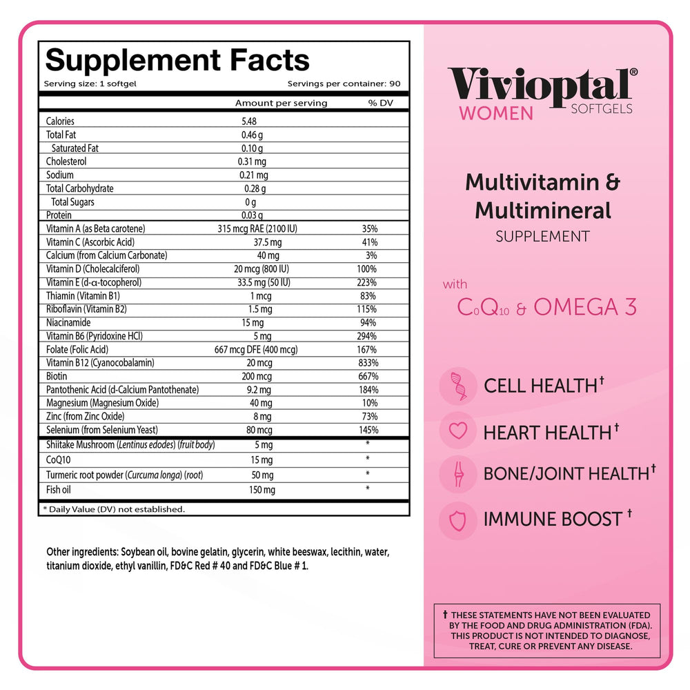 Graphic highlighting energy and immune support from Vivioptal Women 90 Softgels