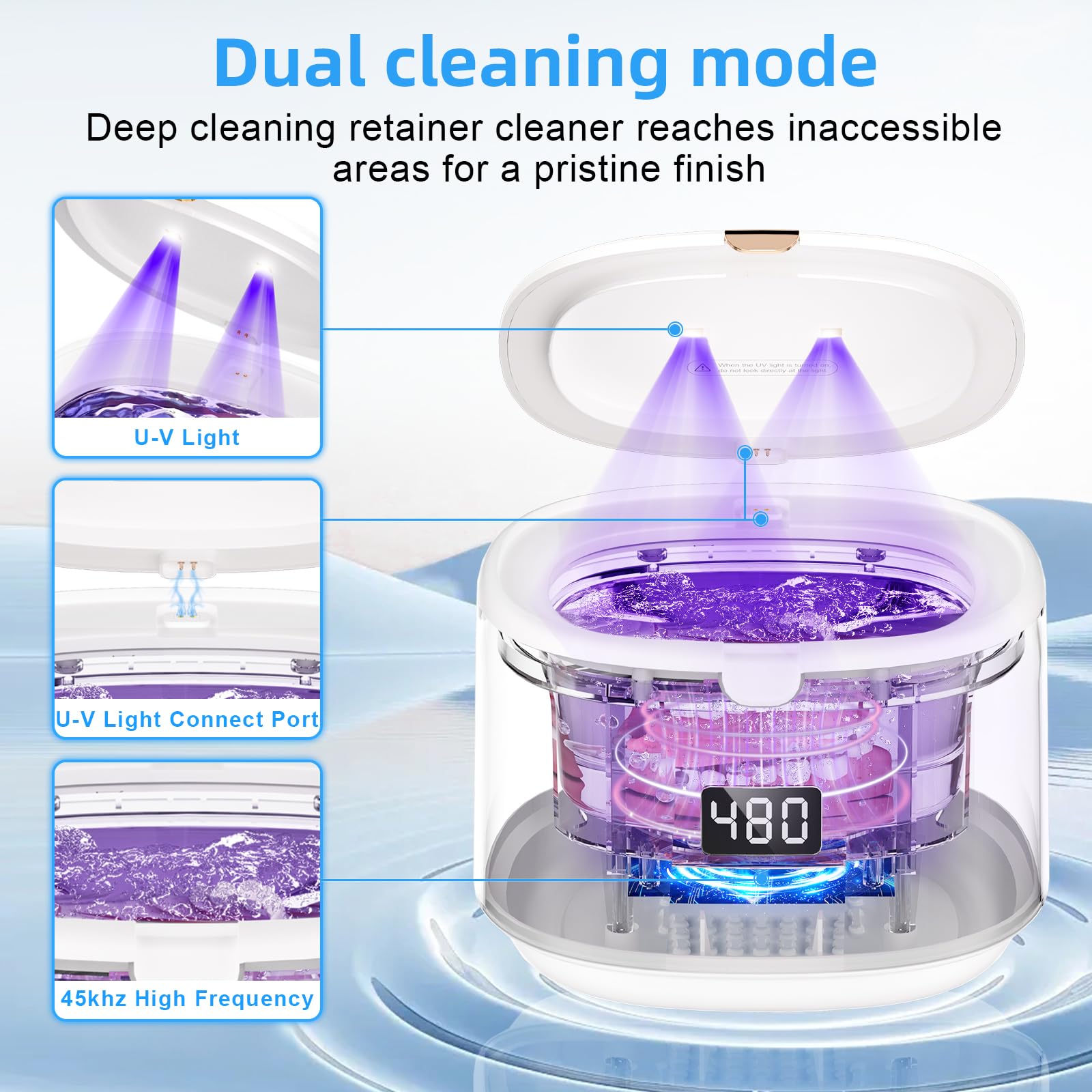 Cleaner showing 5 customizable cleaning modes and timer