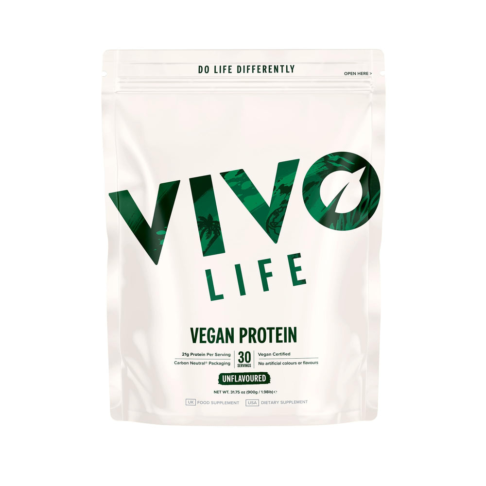 Front label of Vivo Vegan Protein Powder Vanilla 31.7 oz