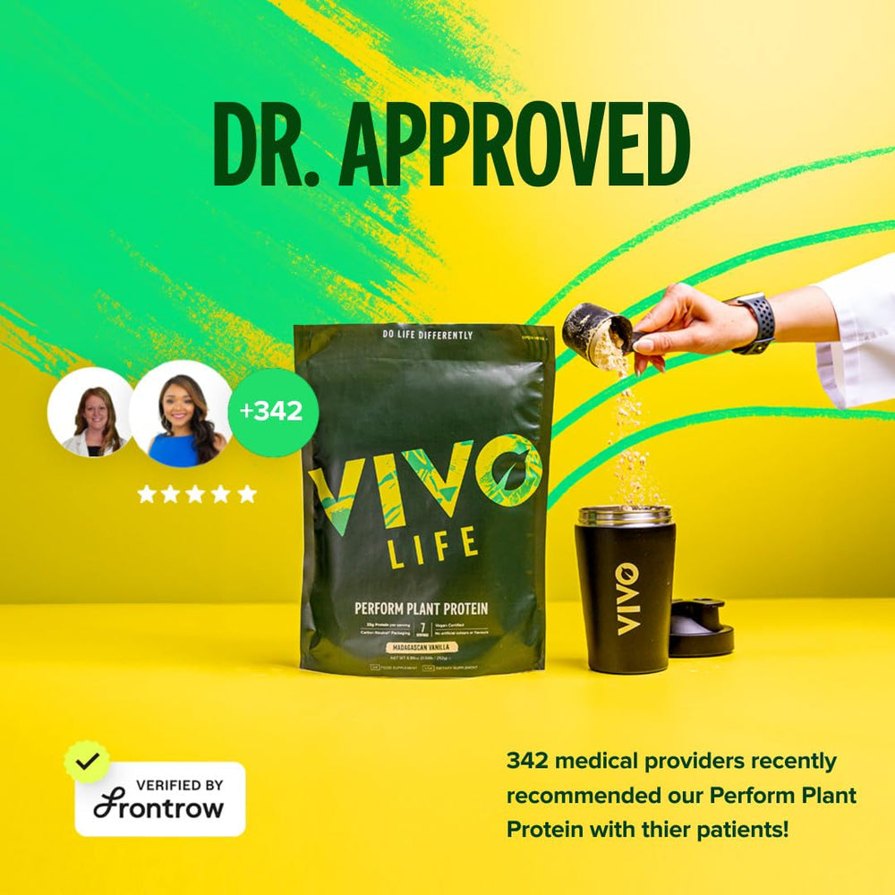 Vivo Life Perform vanilla shake ready at desk for post-workout moment.