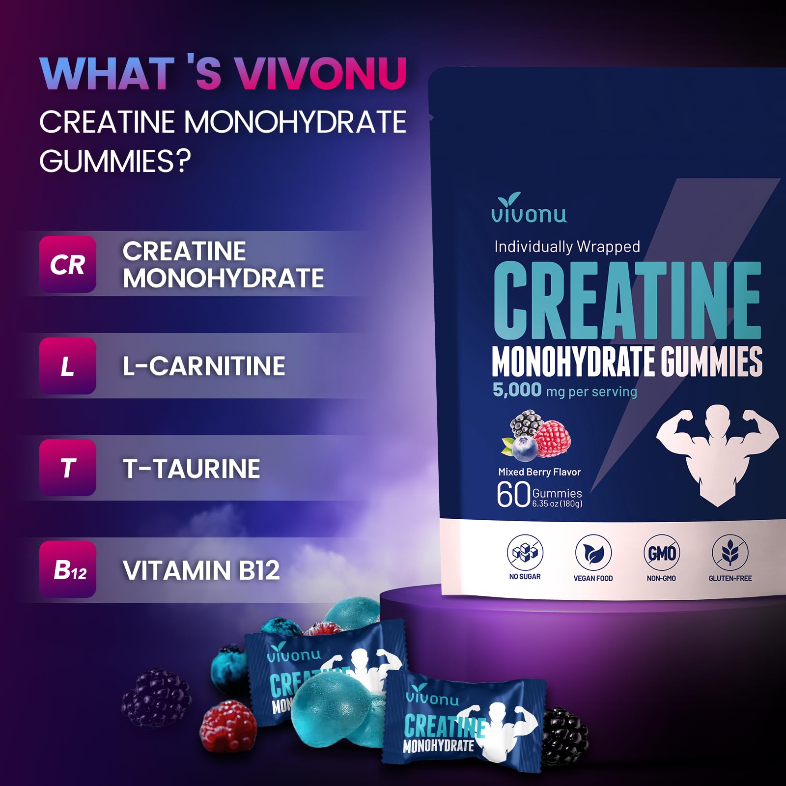 Serving view showing 60 VivoNu Creatine Gummies