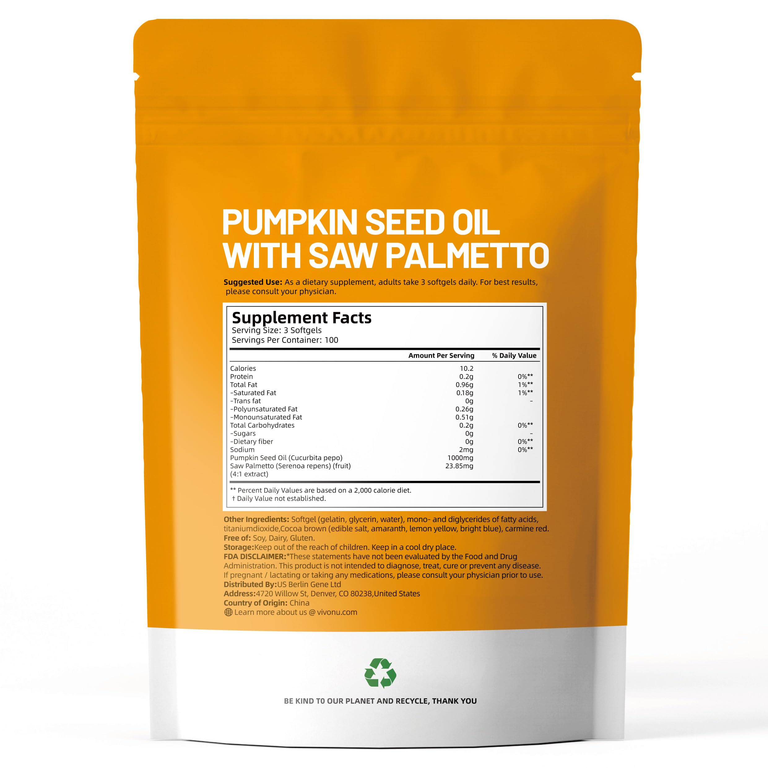 VivoNu Pumpkin Seed Oil Capsules package with 300 softgels