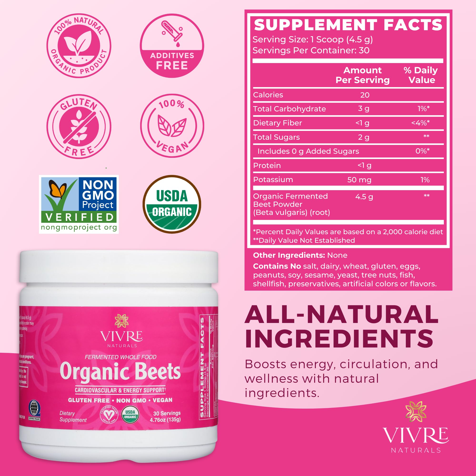 Vivre Naturals beet powder scoop closeup suggests convenient daily serving