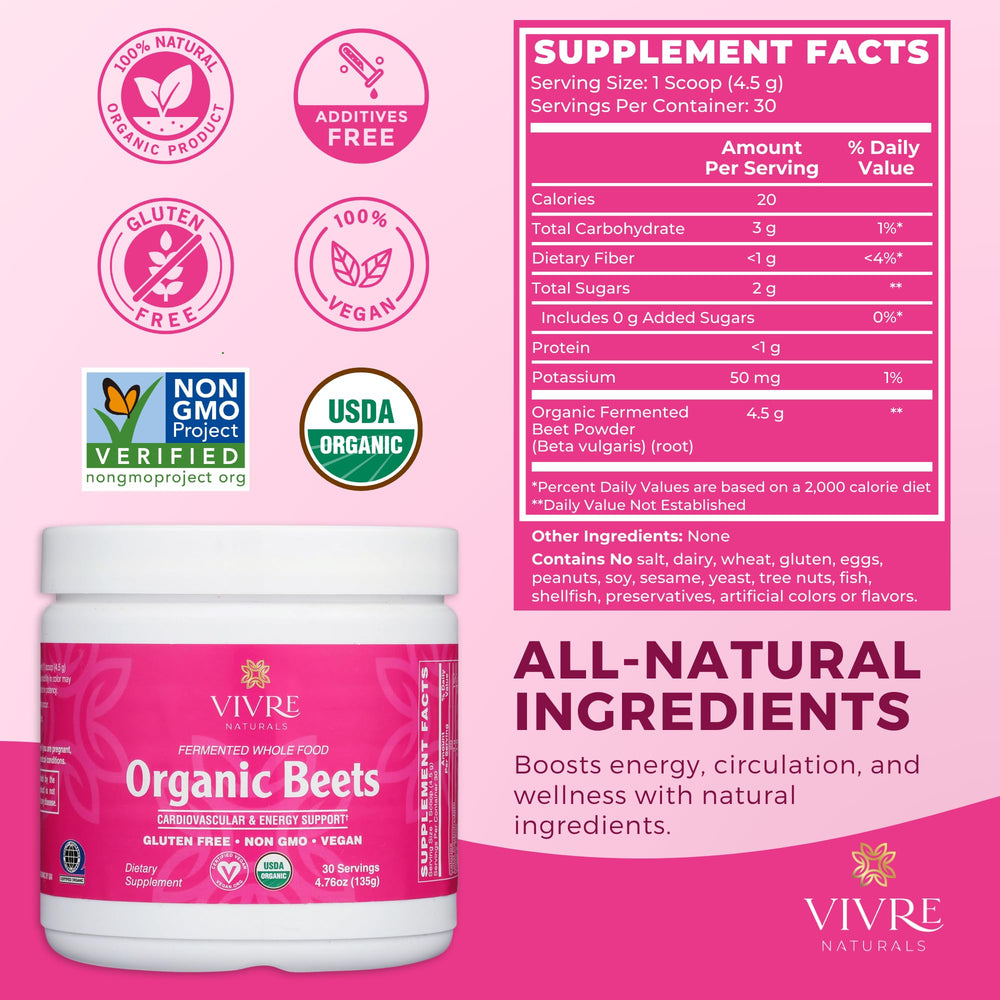 Vivre Naturals beet powder scoop closeup suggests convenient daily serving