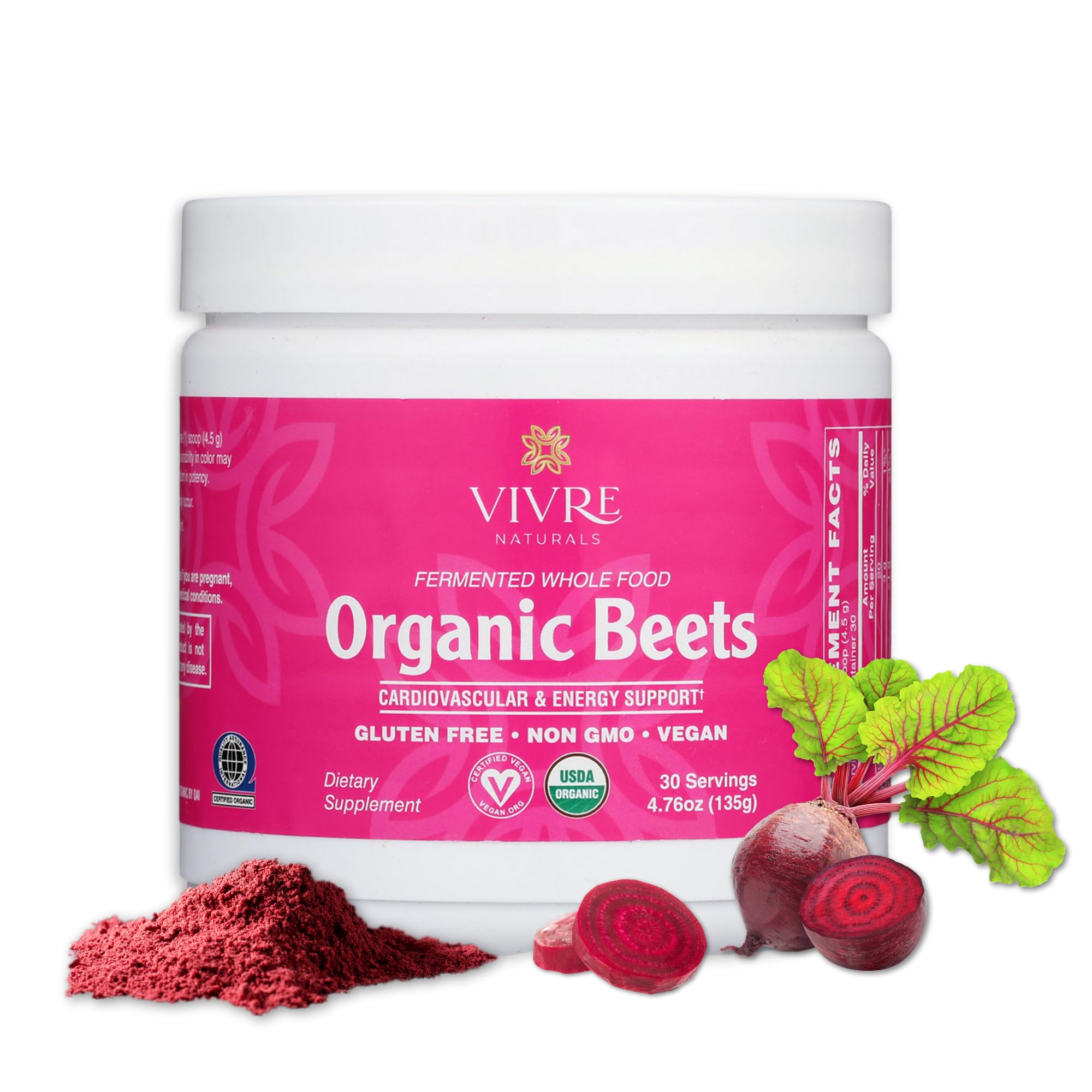 Vivre Naturals fermented beet powder jar highlights organic beet for natural energy support