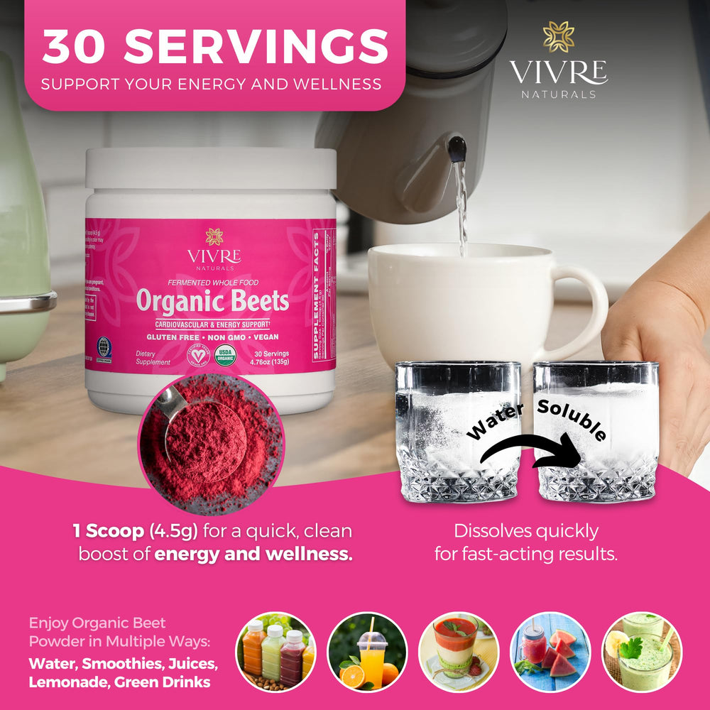 Vivre Naturals gluten-free vegan certification label beside beet powder