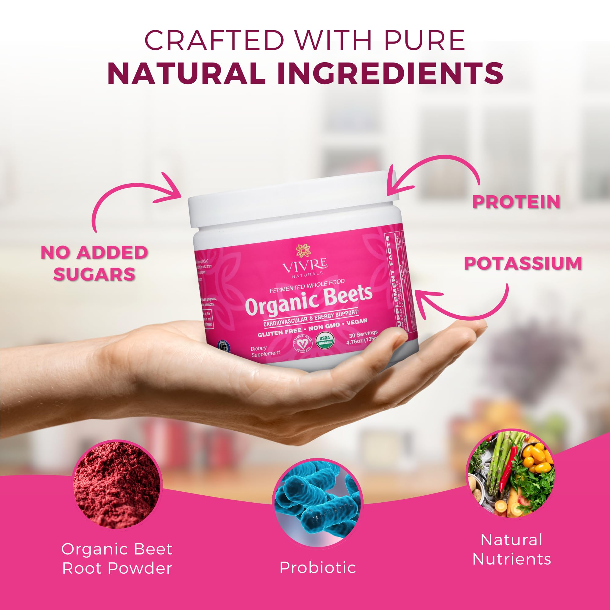 Vivre Naturals organic beet powder packaging emphasizes clean, gluten-free and vegan credentials