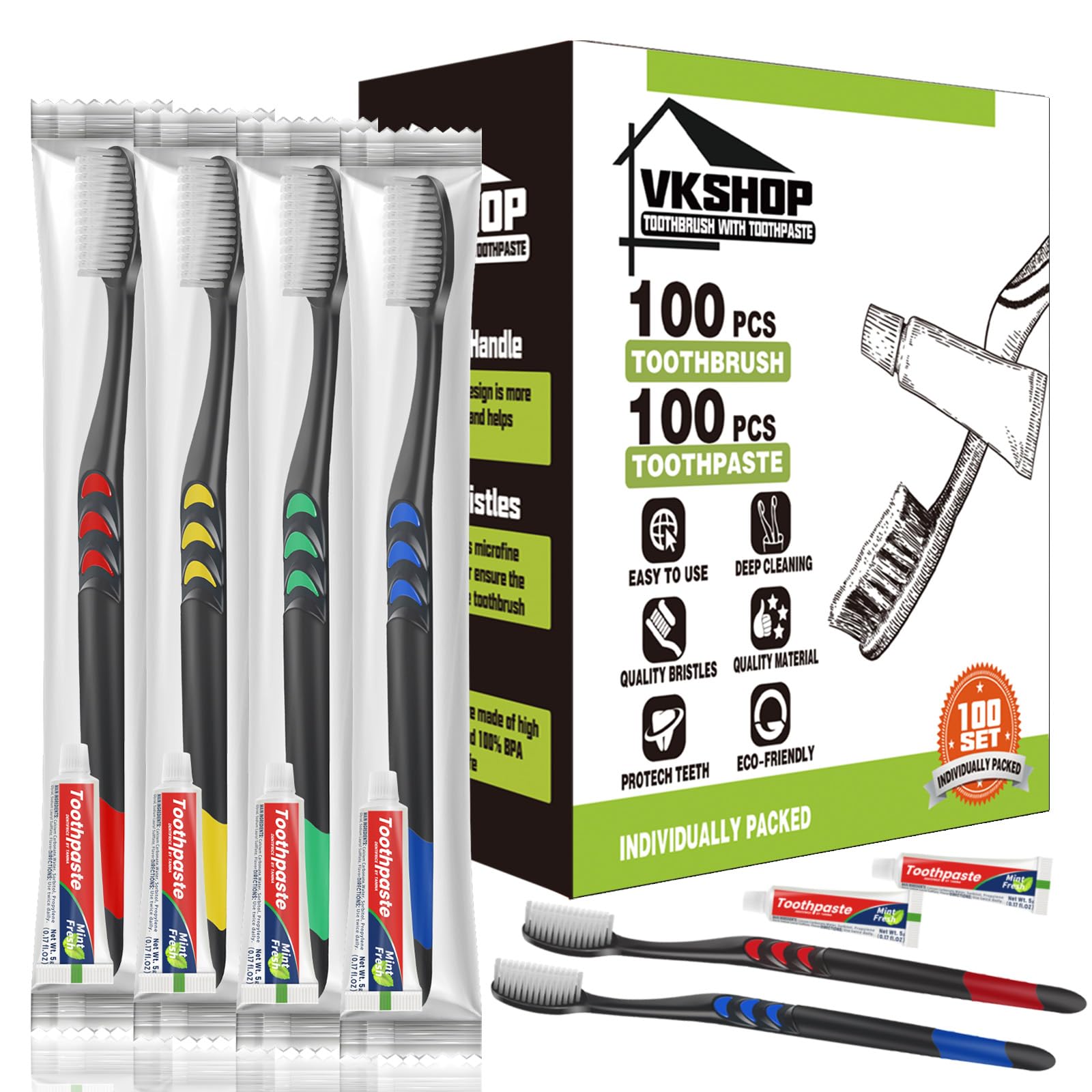 VKshop 120 pack disposable toothbrushes with toothpaste, individually wrapped for travel