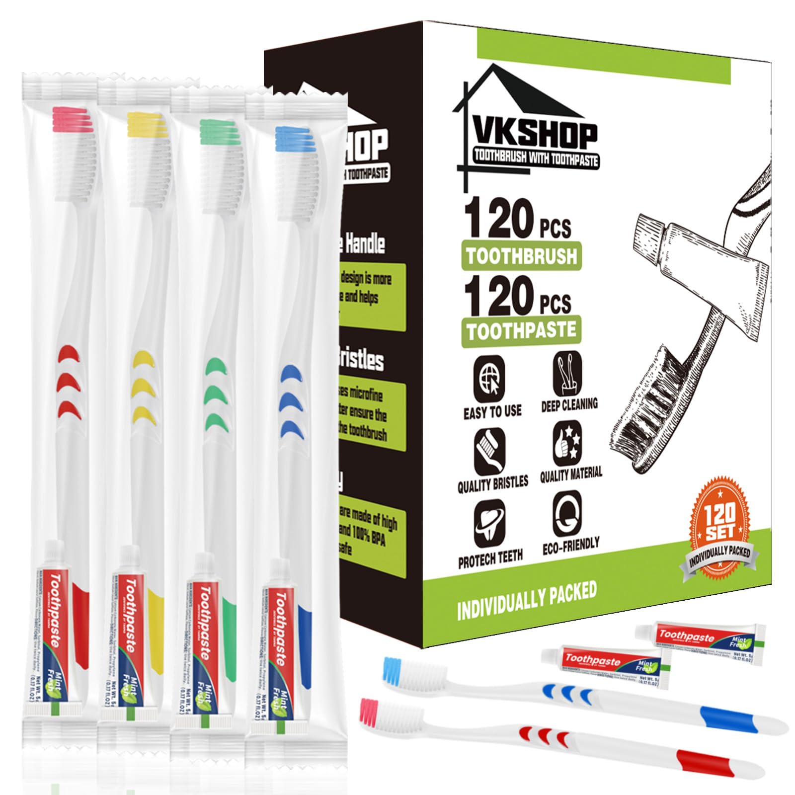 VKshop 120-pack disposable toothbrushes with toothpaste in individual wrappers for travel
