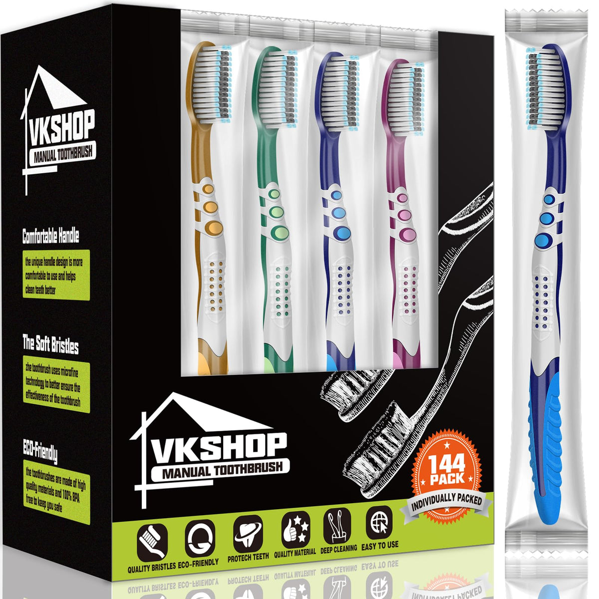 VKshop 144-pack bulk disposable toothbrushes, individually wrapped