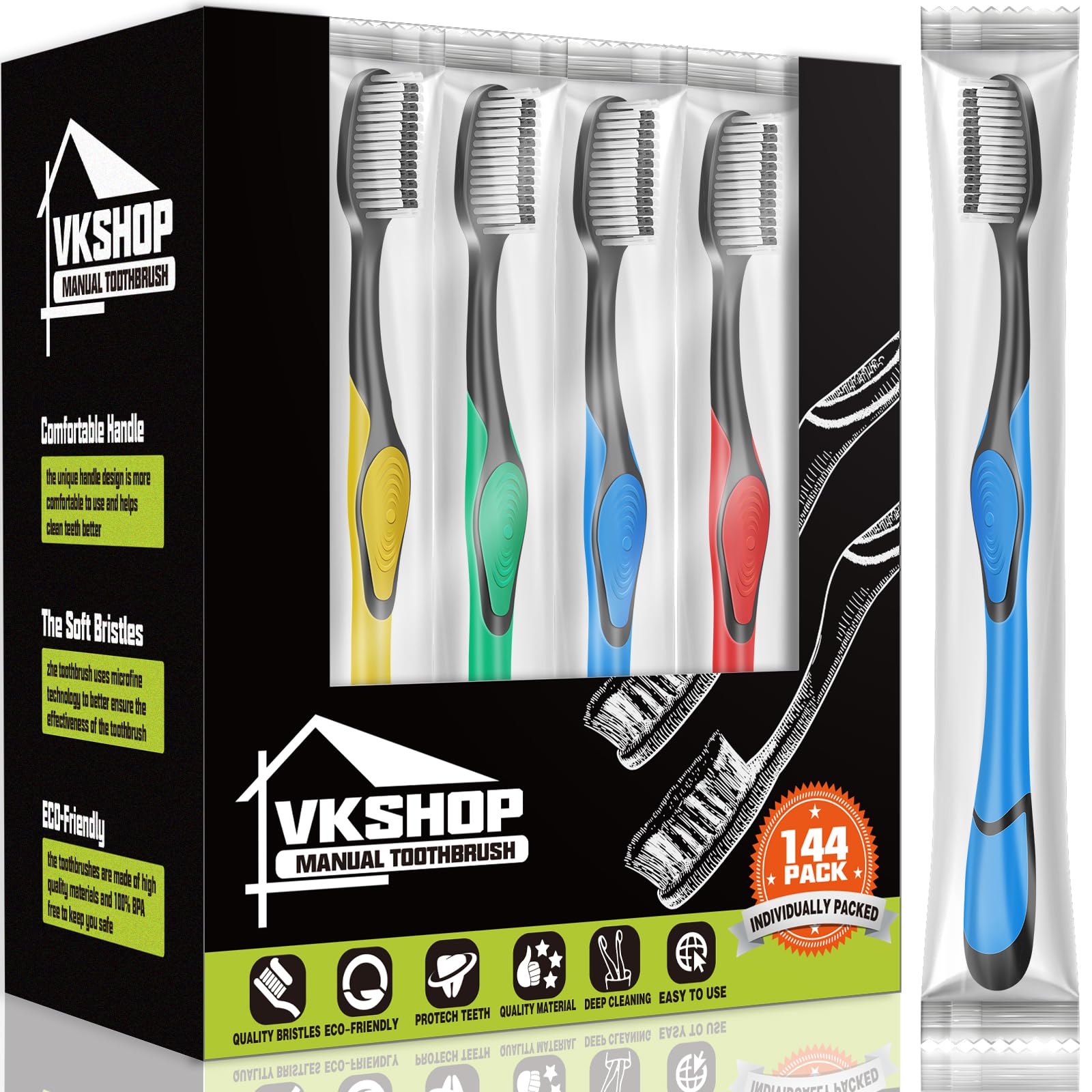 VKshop 144Pack Extra Soft Bamboo Toothbrushes in bulk, individually wrapped