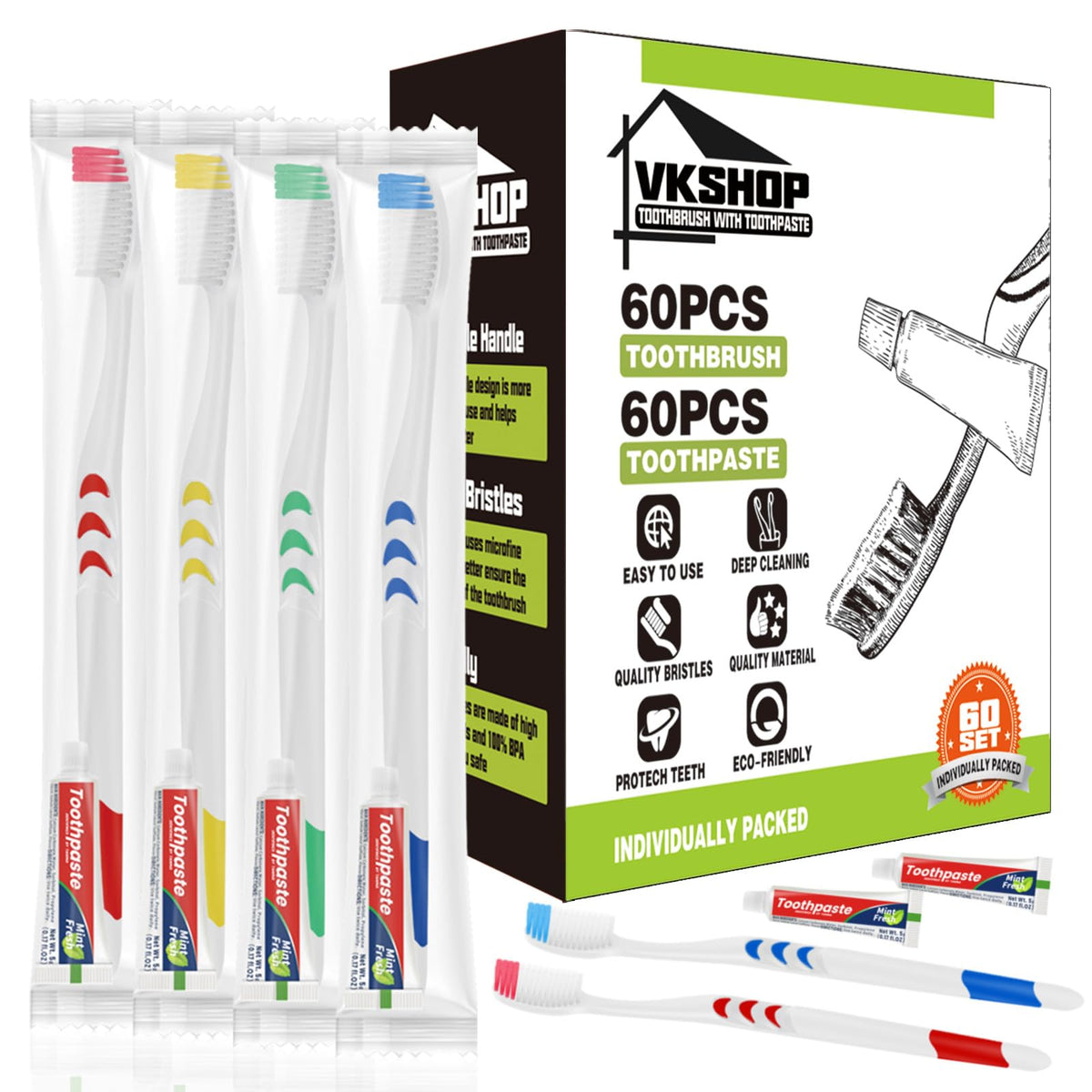 Box of VKshop 60-pack disposable toothbrushes with toothpaste (white)