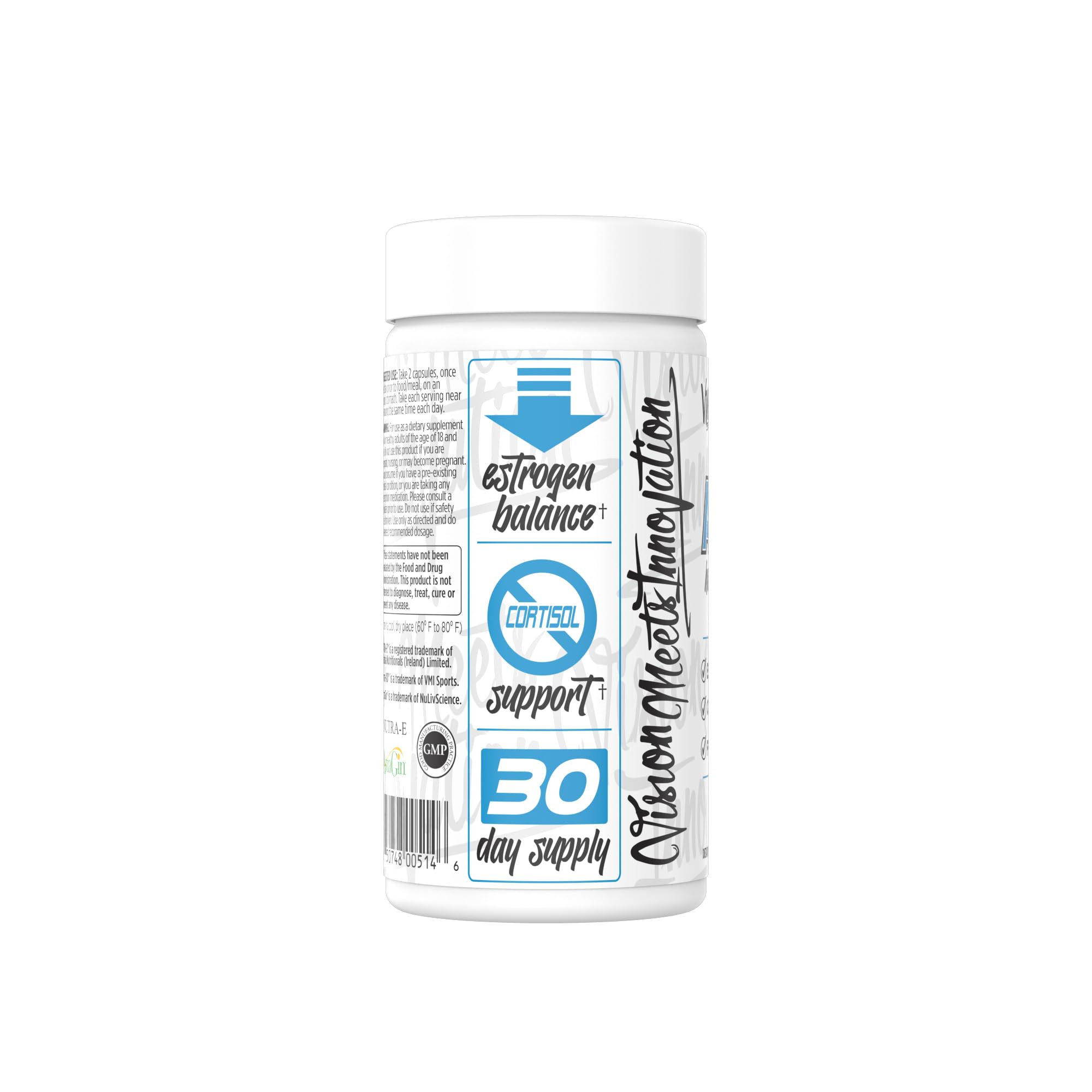 VMI Sports Arima-XD bottle back reveals usage and AI formula for hormonal support.