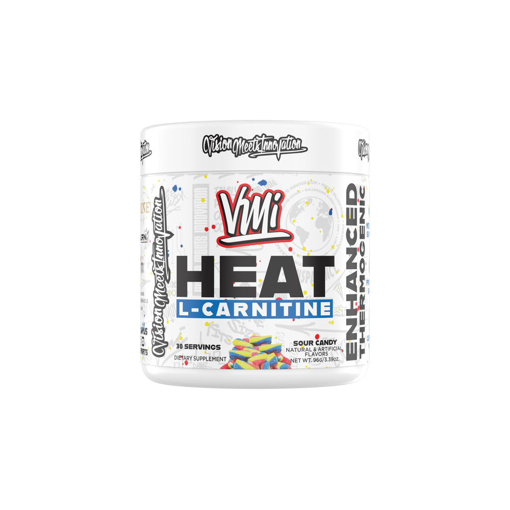 VMI Sports Heat L-Carnitine bottle highlights maximum absorption for workouts.