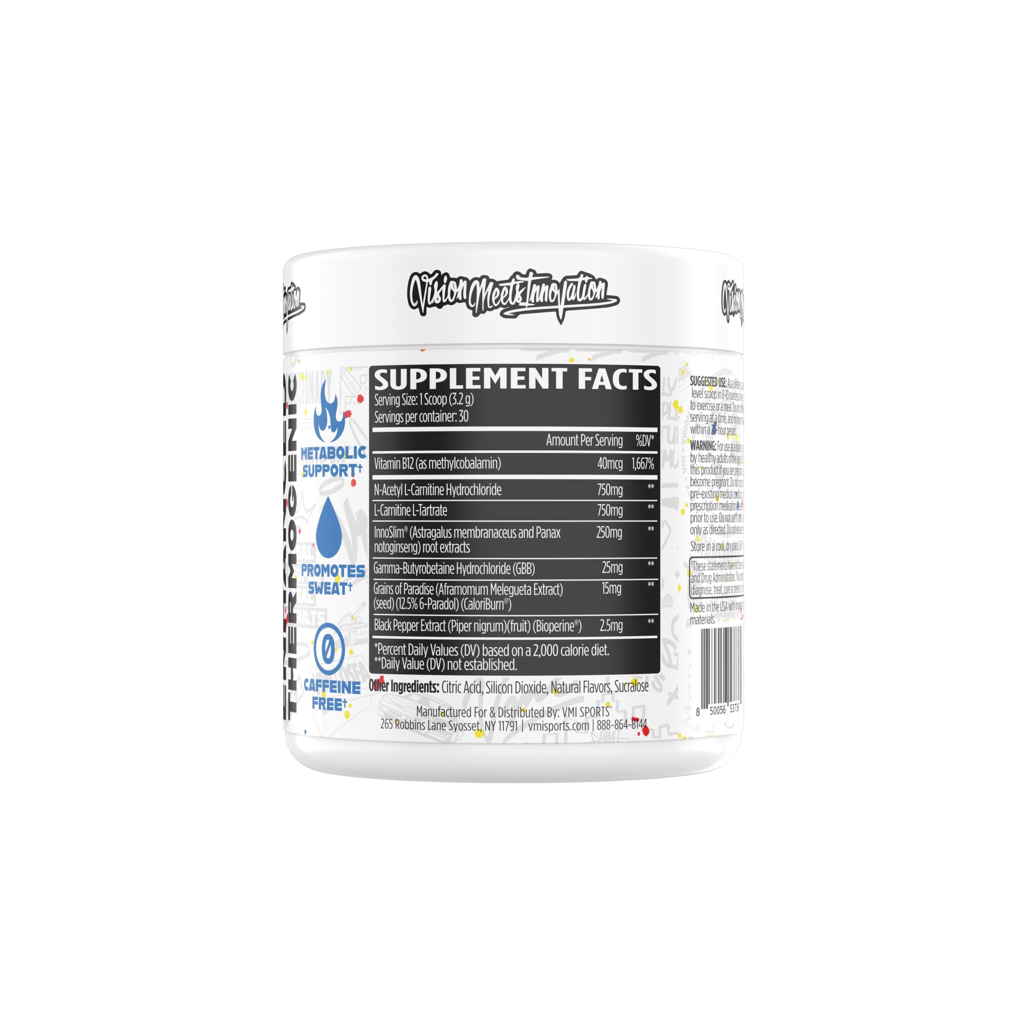 VMI Sports Heat L-Carnitine powder scoop shows easy pre-workout mix and flavor.