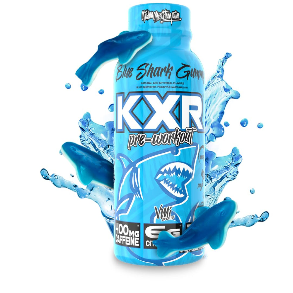VMI Sports KXR blue gummy label closeup highlights high caffeine and citrulline.