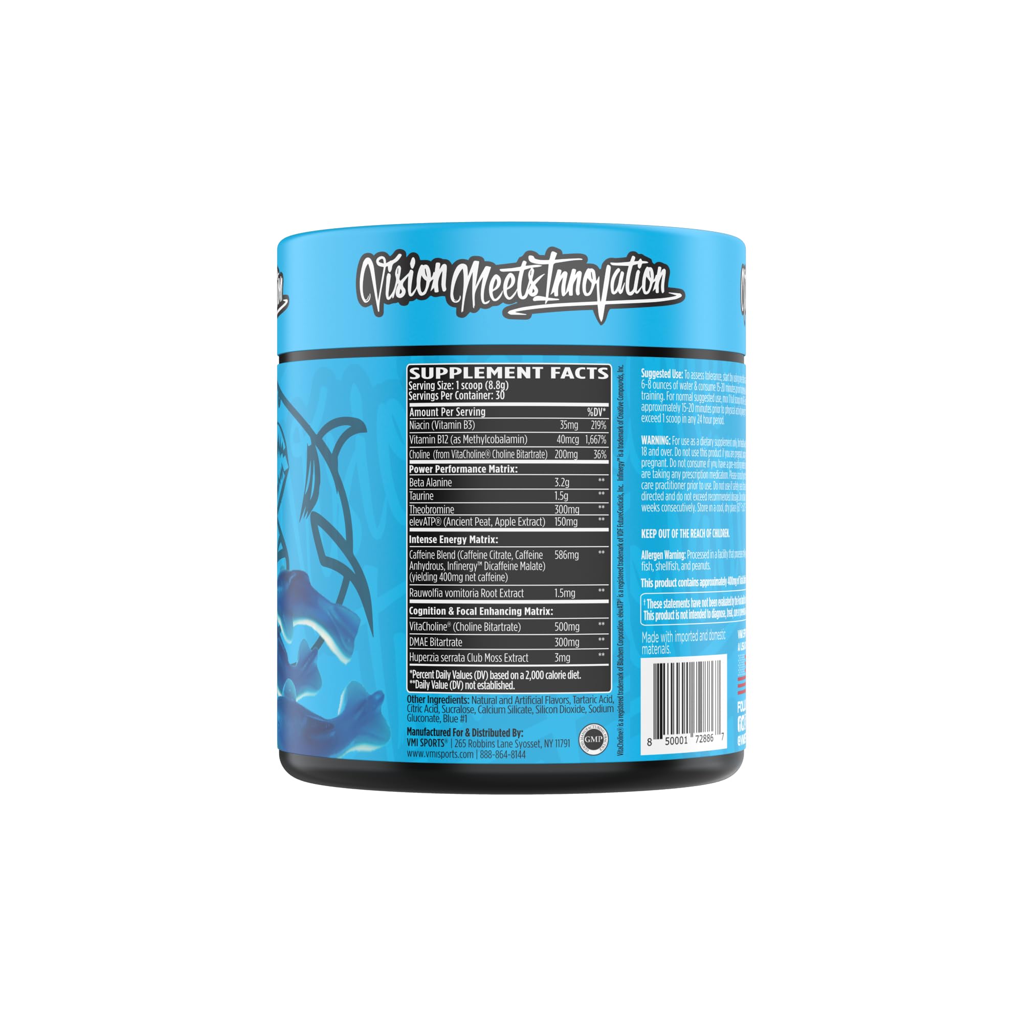 VMI Sports K-XR blue shark label closeup highlighting caffeine boost