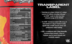 VMI Sports K-XR blue shark label closeup highlighting caffeine boost