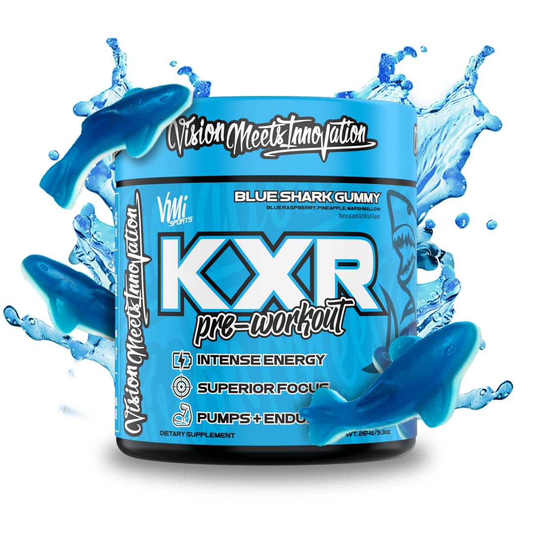VMI Sports K-XR blue shark tub front showing flavor for energized workouts