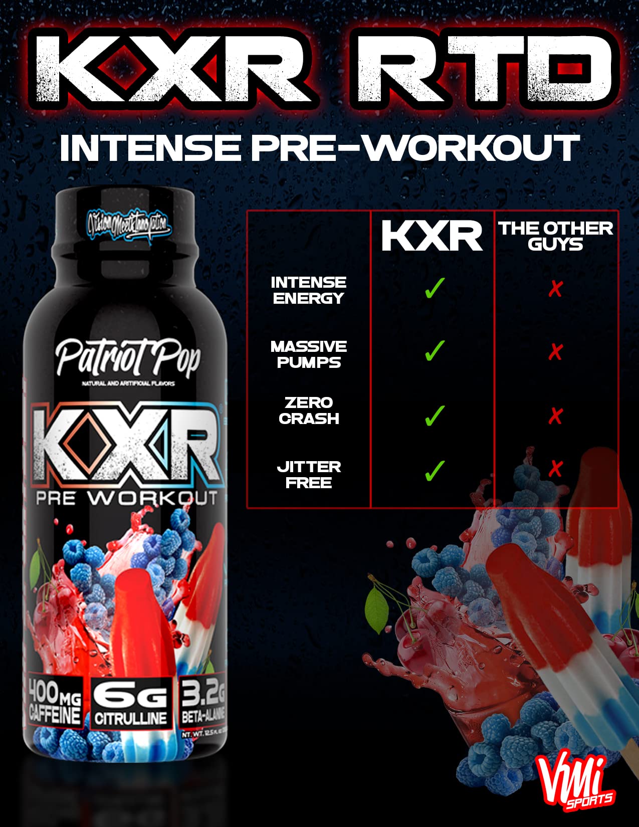 VMI Sports KXR Patriot Pop flavor label with energy-boosting graphic.