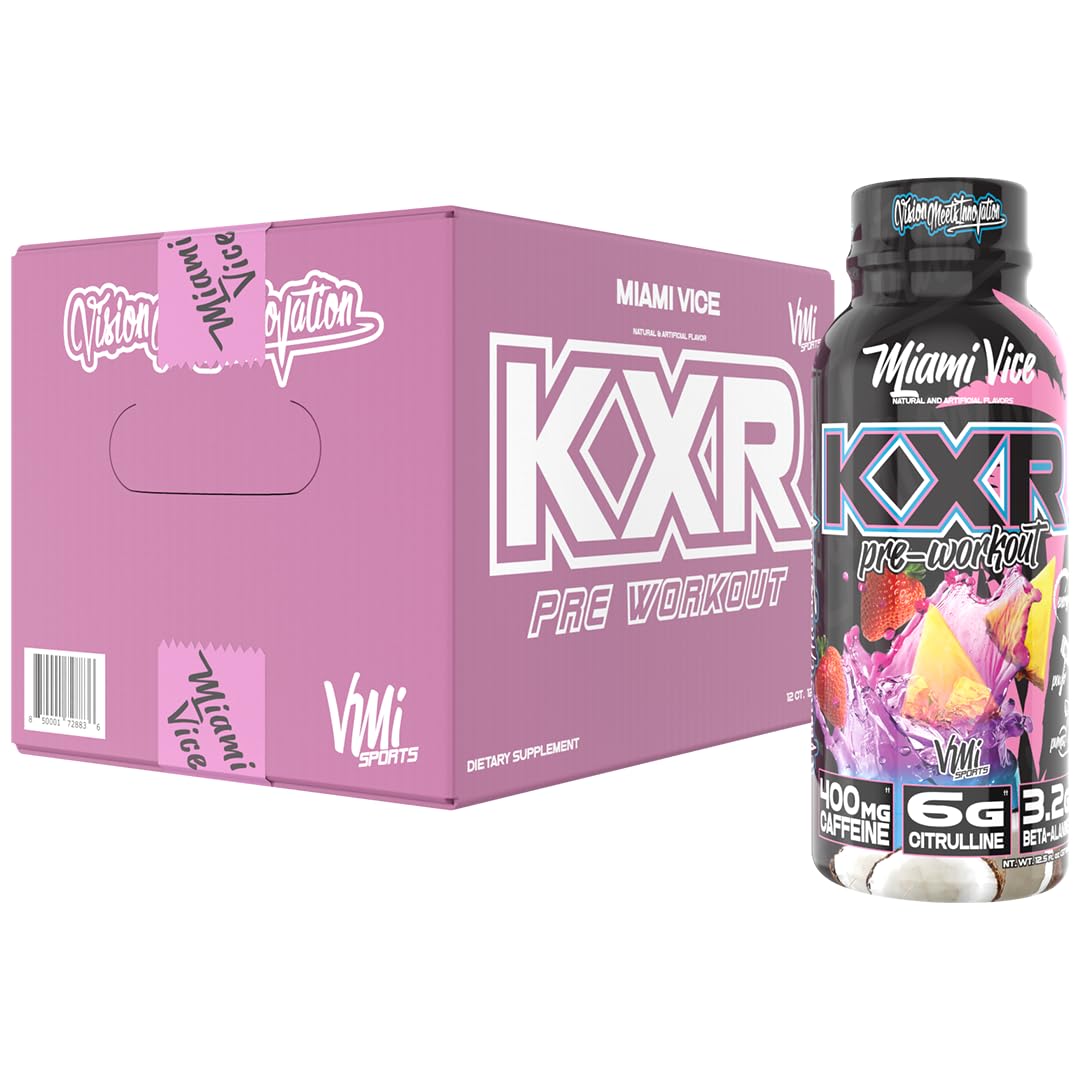 VMI Sports KXR Miami Vice bottle highlighting high-stimulant energy boost for on-the-go workouts.