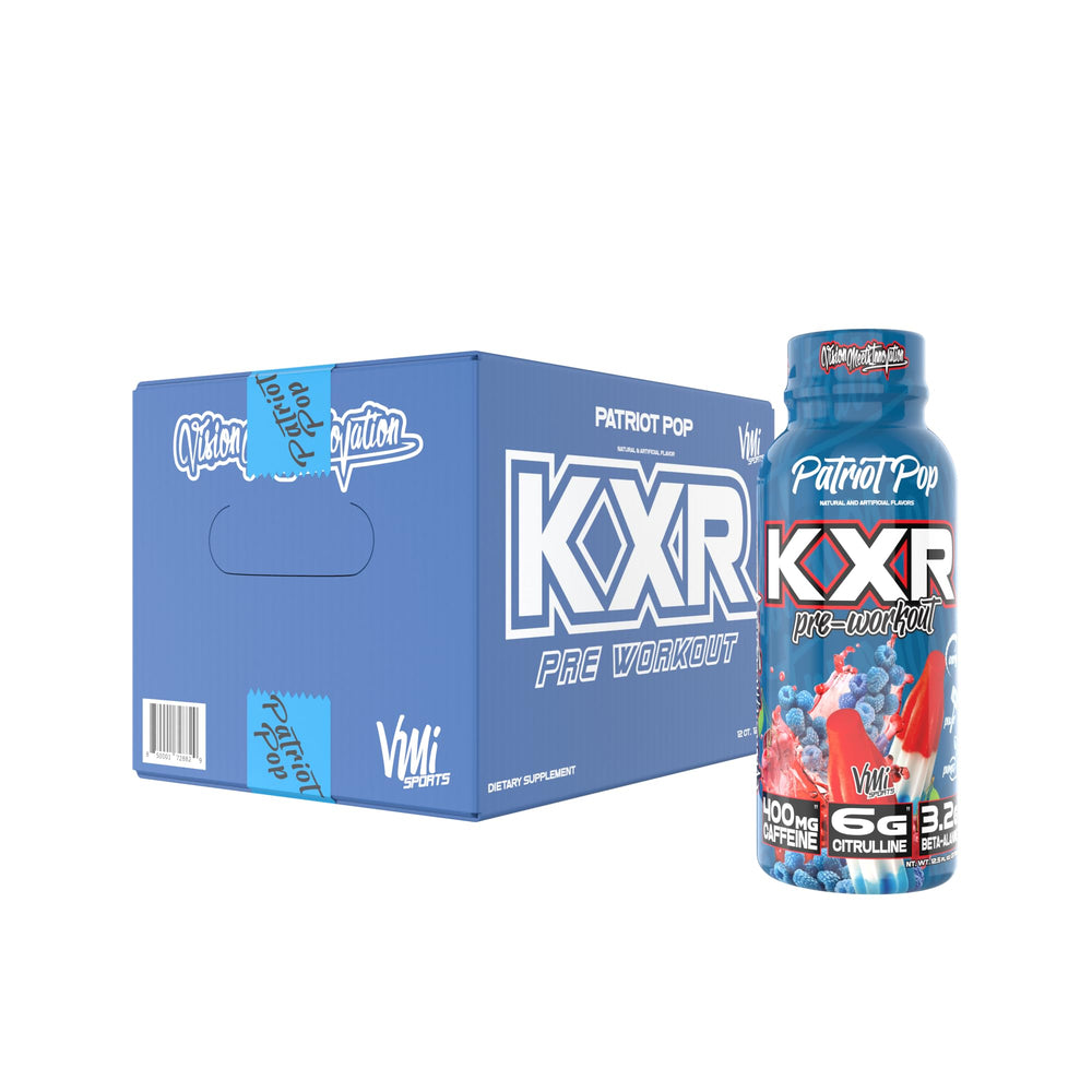 VMI Sports KXR Patriot Pop bottle close-up highlighting energy-boosting pre-workout.