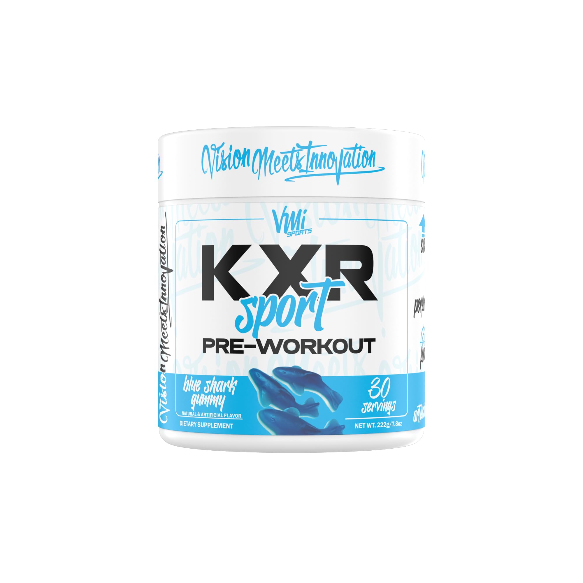 VMI Sports KXR Sport powder jar in Blue Shark Gummy flavor for sustained energy
